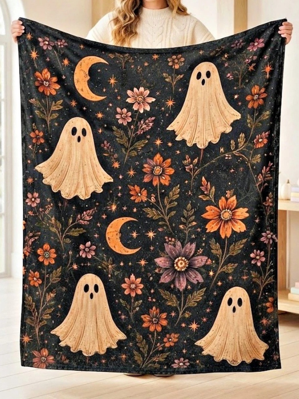 Boho Spooky Ghost Floral Halloween Soft Throw Blanket